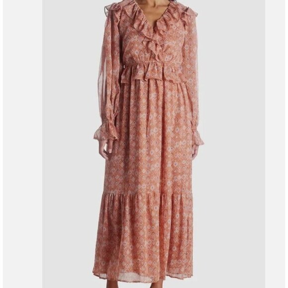 Moon River Boho Midi Dress Coral Aztec Print Ruffle Puff Sleeve Womens XS - Picture 1 of 5
